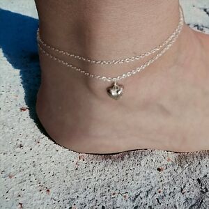 NWT, Anklet, Silver Plated, double wrap, heart charm, light weight, adjustable